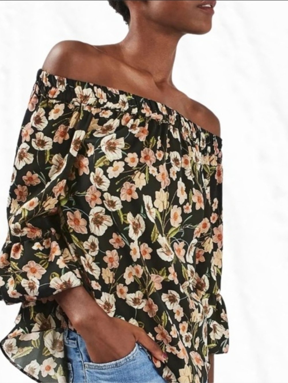 Topshop Black Floral Off-Shoulder Blouse